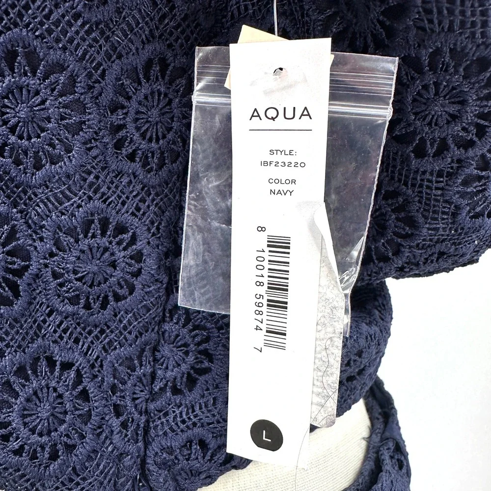 Aqua Navy Crochet Lace Matching Set Large Puff Sleeve Crop Top Belted Skirt 2 pc